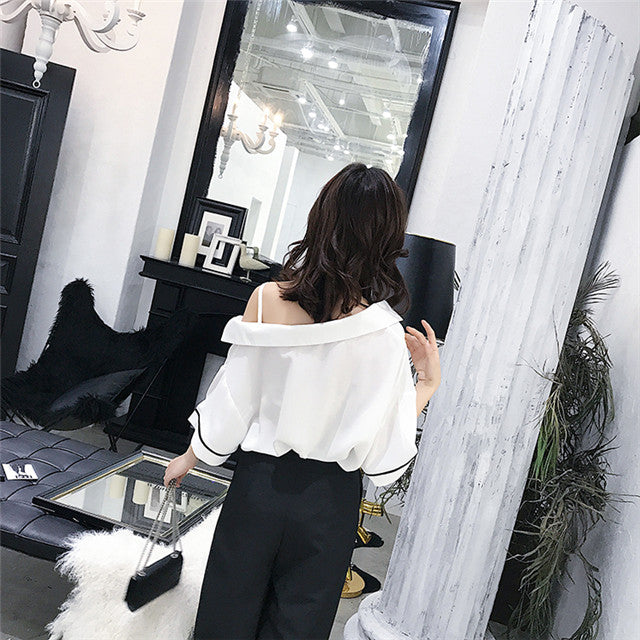 CM-SF051216 Women Casual Off Shoulder Blouse With Wide-Leg Cropped Pants - Set