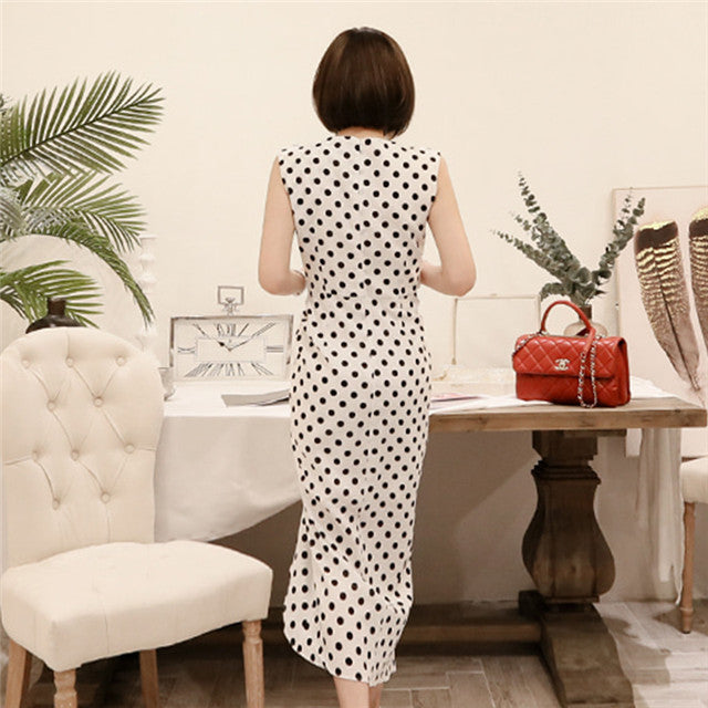 CM-DF051220 Women Casual Seoul Style Drawstring Waist Dots Split Long Dress - White