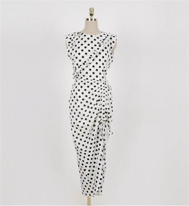 CM-DF051220 Women Casual Seoul Style Drawstring Waist Dots Split Long Dress - White