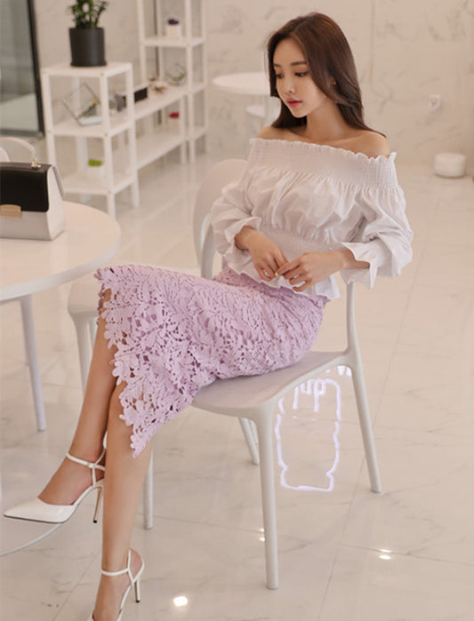 CM-SF051503 Women Stylish Boat Neck Blouse With Lace Skinny Skirt - Set
