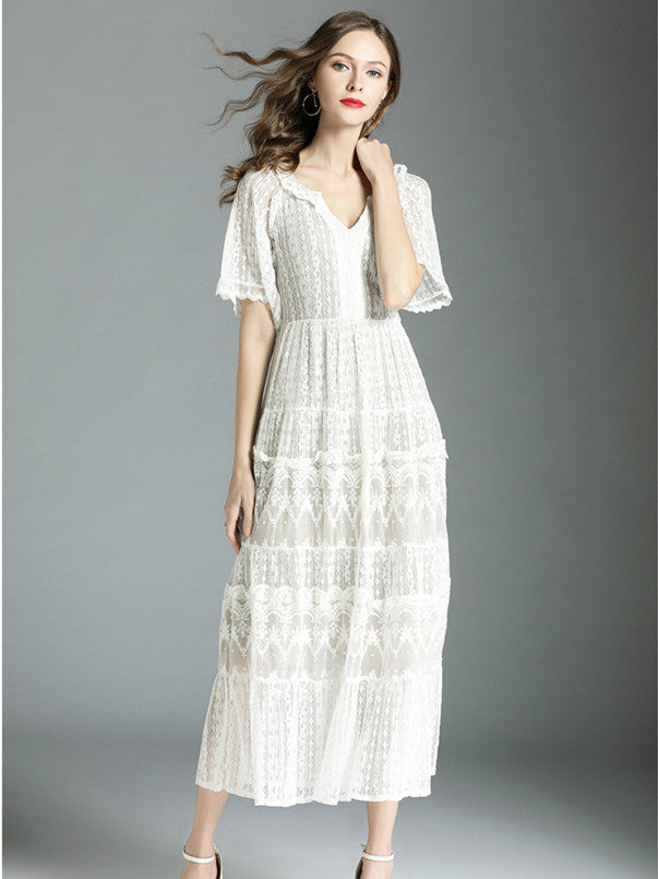 CM-DF051717 Women Casual Seoul Bohemian Style V-Neck Lace Floral Long Dress - White