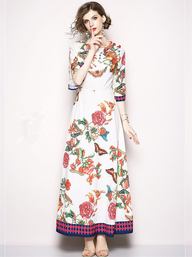 CM-DF052207 Women Elegant European Style High Waist Floral Maxi Dress - White