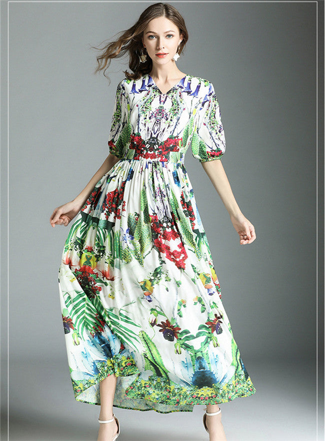 CM-DF052317 Women Casual European Style High Waist Floral Flouncing Maxi Dress