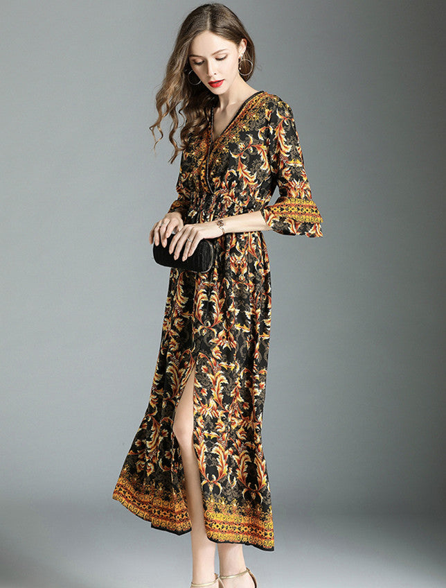 CM-DF052318 Women Casual Retro Style Elastic Waist Floral Flare Sleeve Maxi Dress