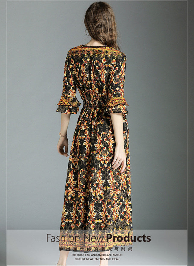 CM-DF052318 Women Casual Retro Style Elastic Waist Floral Flare Sleeve Maxi Dress