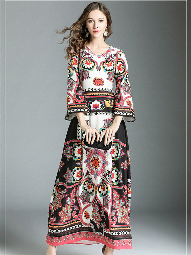CM-DF052319 Women Casual Retro European Style V-Neck Flare Sleeve Floral Long Dress