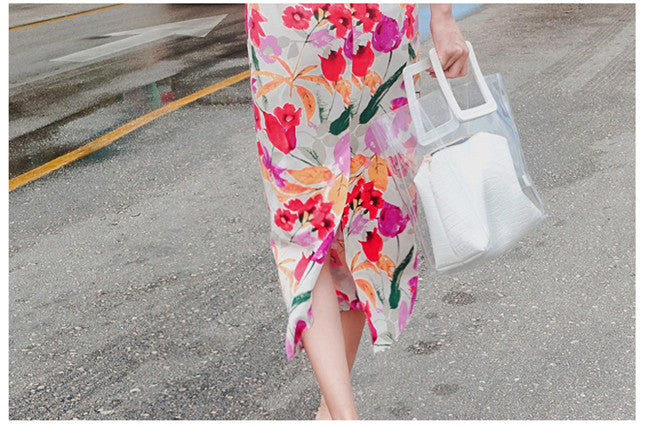 CM-DF052528 Women Casual Seoul Style Square Collar Floral Printing Long Dress