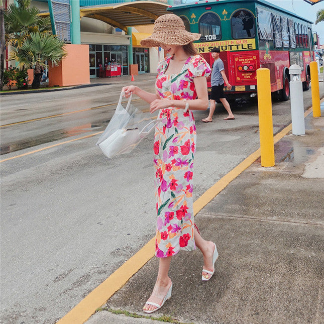 CM-DF052528 Women Casual Seoul Style Square Collar Floral Printing Long Dress