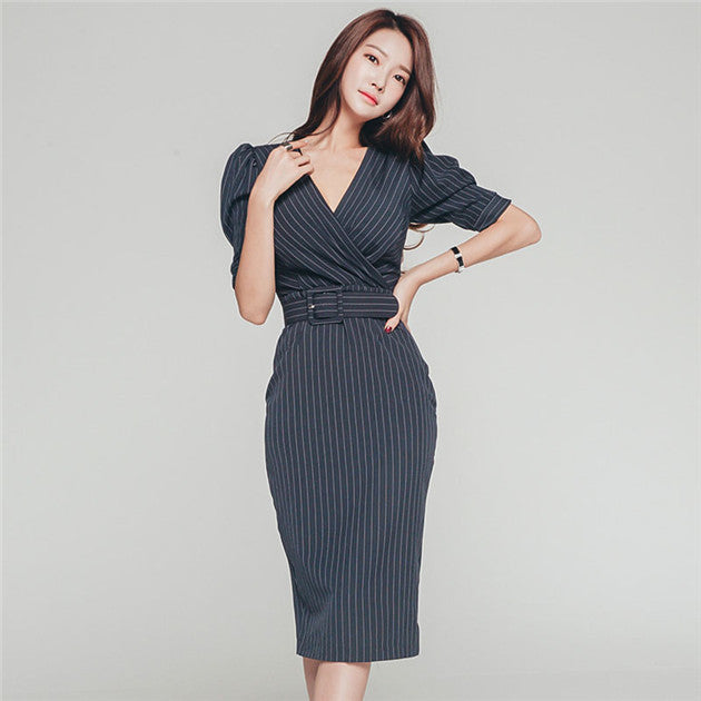 CM-DF052703 Women Elegant Seoul Style V-Neck Fitted Waist Stripes Puff Sleeve Dress - Blue