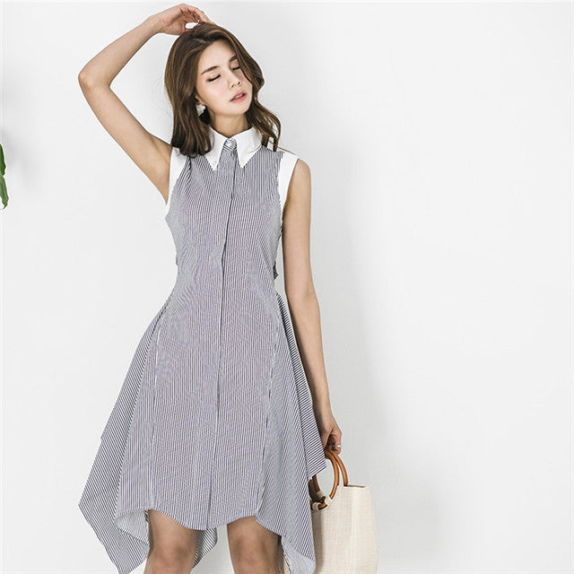 CM-DF052719 Women Casual Seoul Style Shirt Collar Stripes Sleeveless A-Line Dress