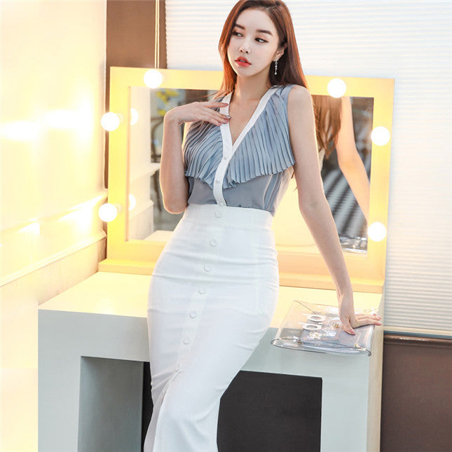 CM-SF060308 Women Casual Seoul Style V-Neck Pleated Chiffon Blouse With Long Skirt - Set