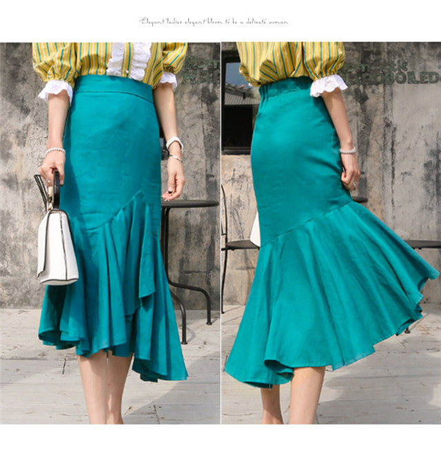 CM-SF060315 Women Casual Stripes Puff Sleeve Blouse With Fishtail Long Skirt - Set