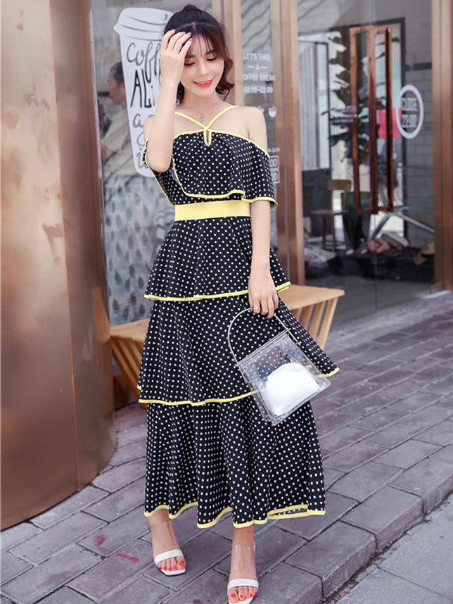 CM-DF060917 Women Stylish Charming Off Shoulder Layered Flouncing Dots Dress - Black