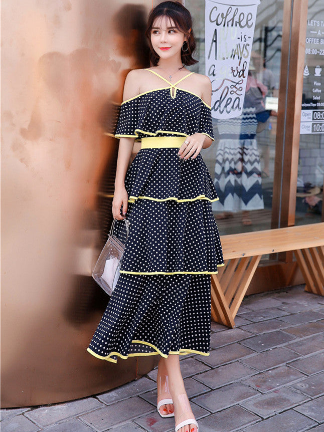 CM-DF060917 Women Stylish Charming Off Shoulder Layered Flouncing Dots Dress - Black