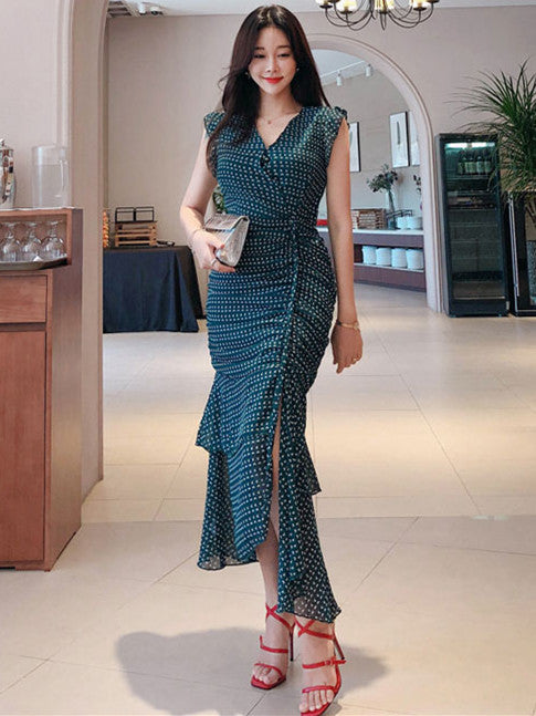 CM-DF061024 Women Elegant Seoul Style Tie Waist V-Neck Fishtail Long Dress