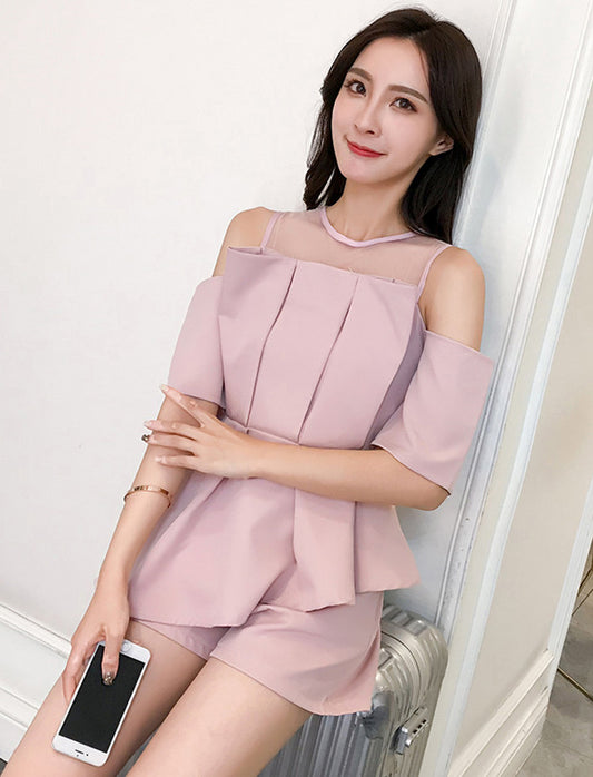 CM-SF061502 Women Summer Seoul Style Pink Off Shoulder Pleated Short Leisure Suits - Set