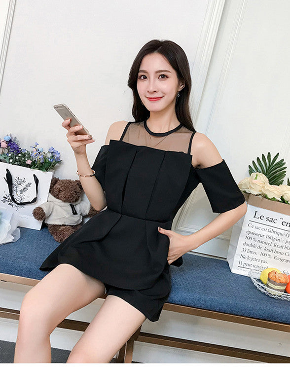 CM-SF061502 Women Summer Seoul Style Black Off Shoulder Pleated Short Leisure Suits - Set