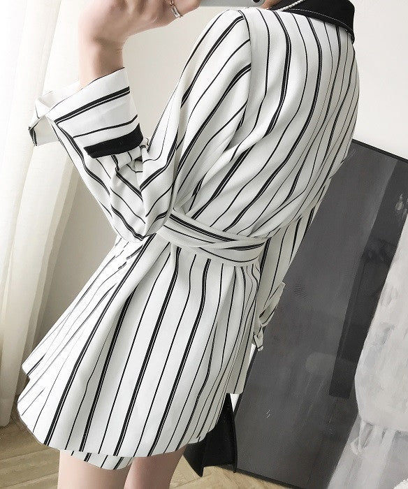 CM-SF061503 Women Classic Style Tailored Collar Tie Waist Stripes Short Leisure Suits - Set