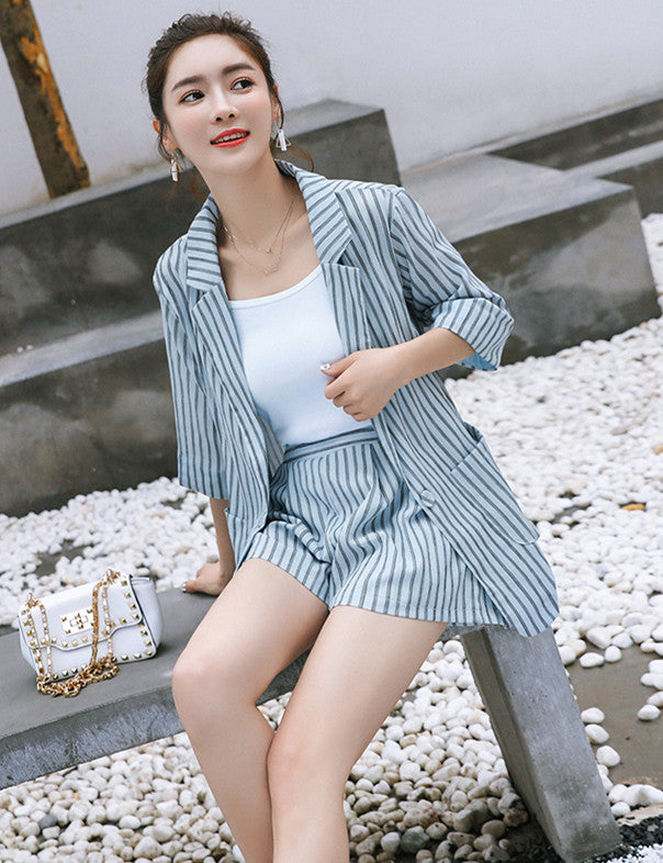 CM-SF061505 Women Casual Seoul Style Blue Stripes Cardigan Coat With Short Pants - Set