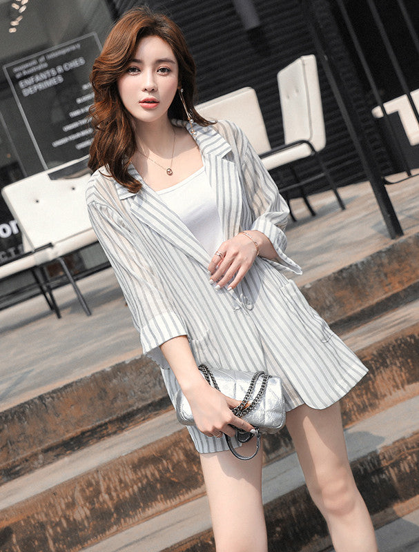 CM-SF061505 Women Casual Seoul Style White Stripes Cardigan Coat With Short Pants - Set