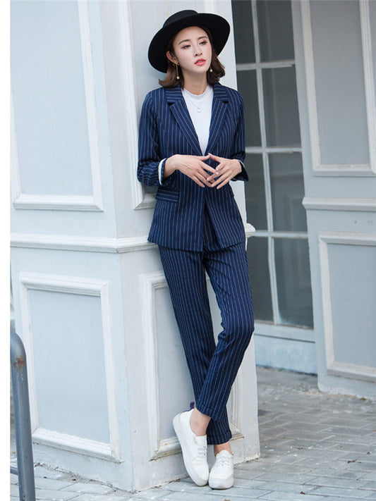 CM-SF061508 Women Casual Seoul Style Blue Tailored Collar Stripes Leisure Suits - Set