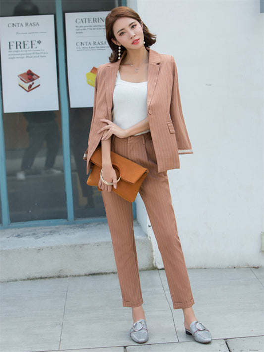 CM-SF061508 Women Casual Seoul Style Camel Tailored Collar Stripes Leisure Suits - Set