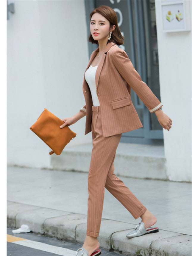 CM-SF061508 Women Casual Seoul Style Camel Tailored Collar Stripes Leisure Suits - Set