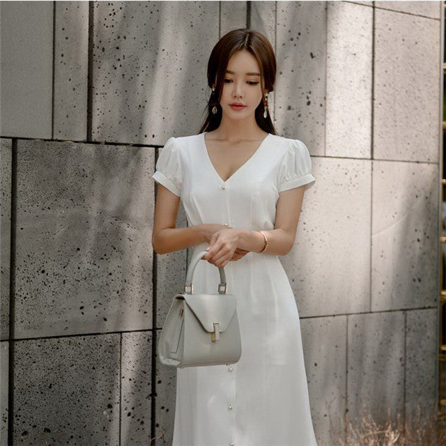 CM-DF062420 Women Casual Seoul Style Single-Breasted V-Neck Long Dress - White