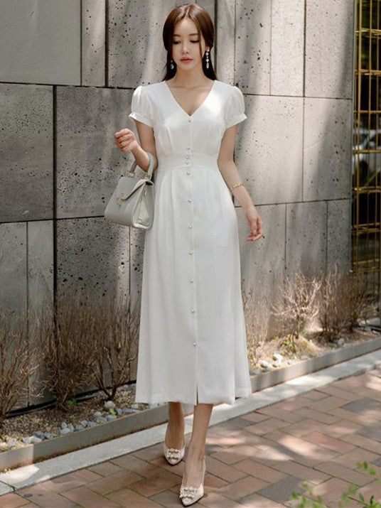 CM-DF062420 Women Casual Seoul Style Single-Breasted V-Neck Long Dress - White