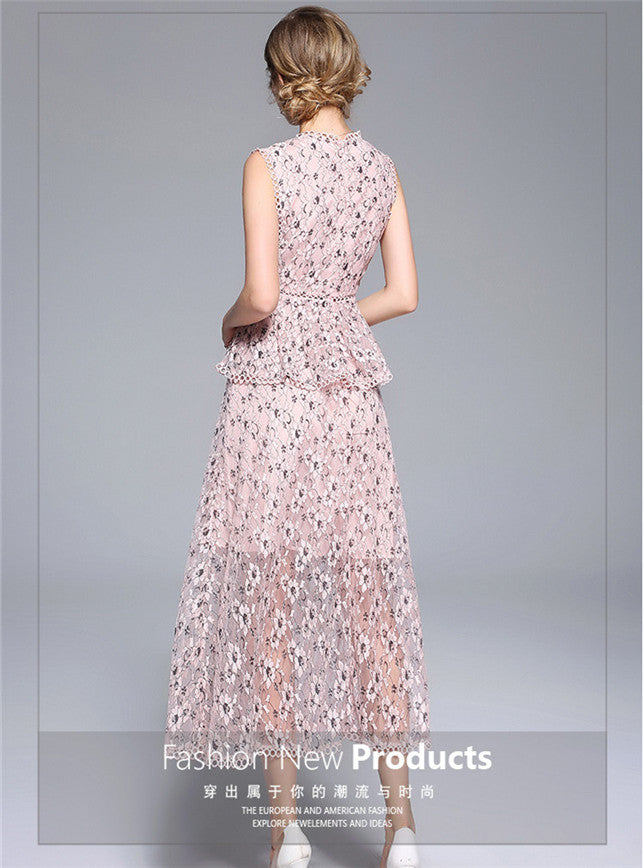 CM-DF062518 Women Casual Summer Mini Floral Flouncing Lace Maxi Dress - Pink