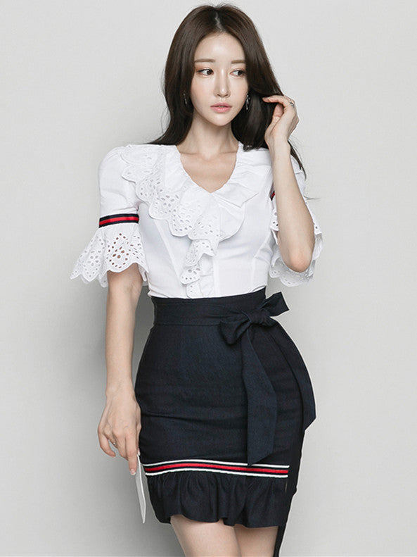 CM-SF062915 Women Casual Flare Sleeve Hollow Out Blouse with Fishtail Skinny Skirt - Set