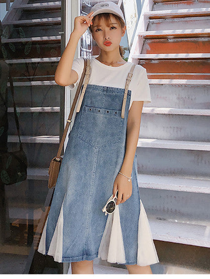 CM-SF070409 Women Seoul Style Cotton Tee With Gauze Apricot Straps Denim Dress - Set