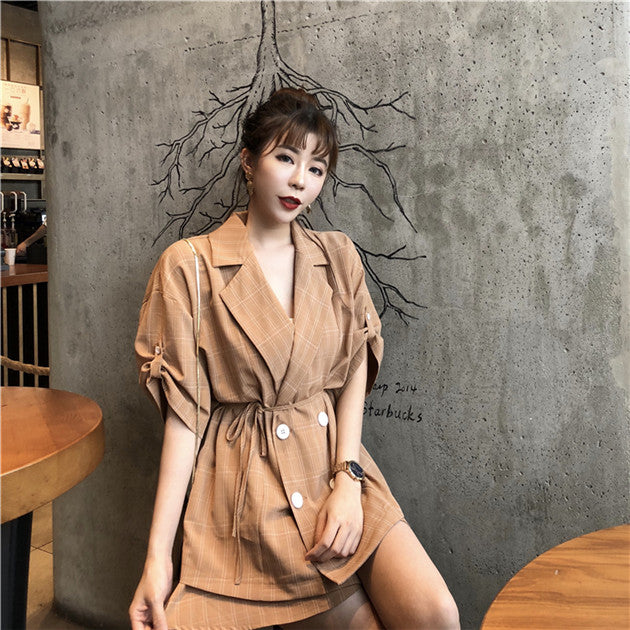 CM-SF072319 Women Casual Khaki Tie Waist Double-Breasted Top With Plaids Short Pants - Set