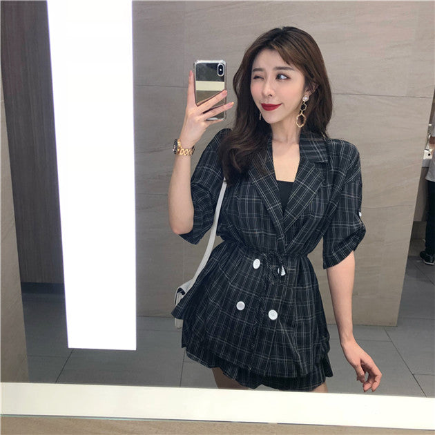 CM-SF072319 Women Casual Black Tie Waist Double-Breasted Top With Plaids Short Pants - Set