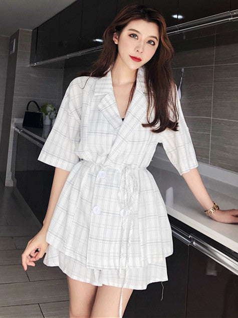 CM-SF072319 Women Casual White Tie Waist Double-Breasted Top With Plaids Short Pants - Set