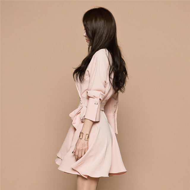 CM-DF072533 Women Casual Seoul Style Tie Waist Tailored Collar Flouncing Dress - Pink