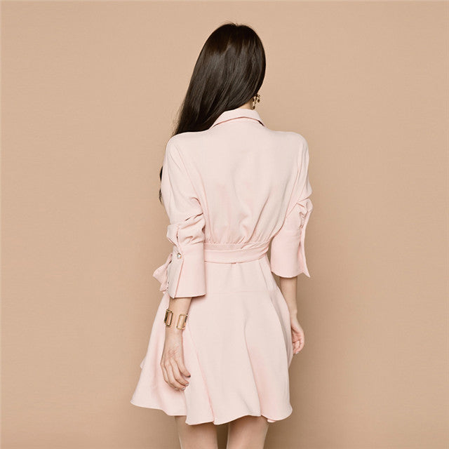 CM-DF072533 Women Casual Seoul Style Tie Waist Tailored Collar Flouncing Dress - Pink