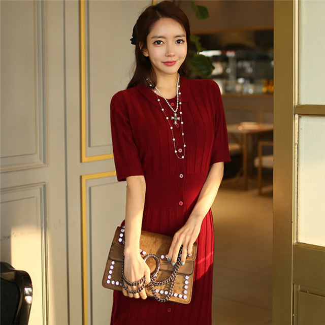 CM-DF072807 Women Casual Seoul Style Single-Breasted Knitting Long Dress - Wine Red