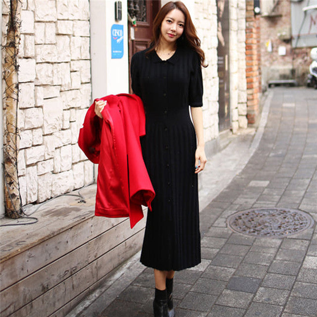 CM-DF072807 Women Casual Seoul Style Single-Breasted Knitting Long Dress - Black