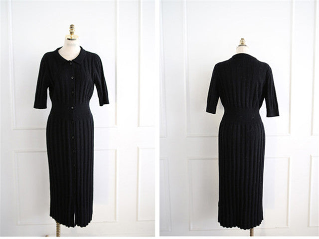 CM-DF072807 Women Casual Seoul Style Single-Breasted Knitting Long Dress - Black