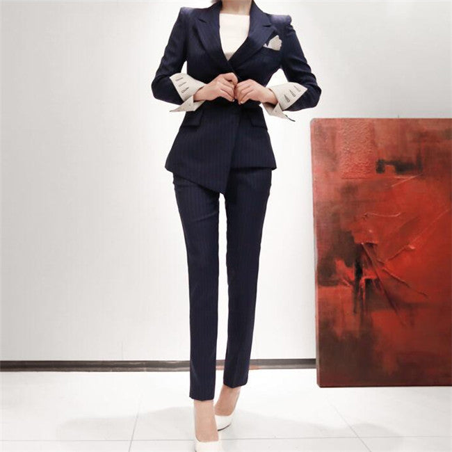 CM-SF072915 Women Elegant European Style Tailored Collar Stripes Slim Business Suits - Set
