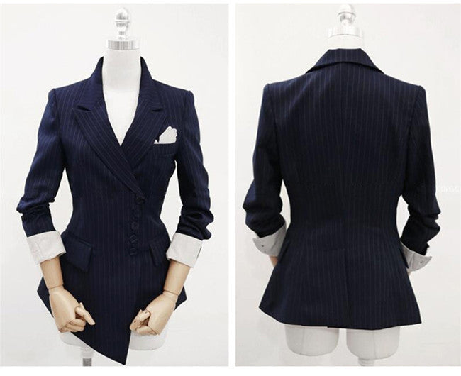 CM-SF072915 Women Elegant European Style Tailored Collar Stripes Slim Business Suits - Set
