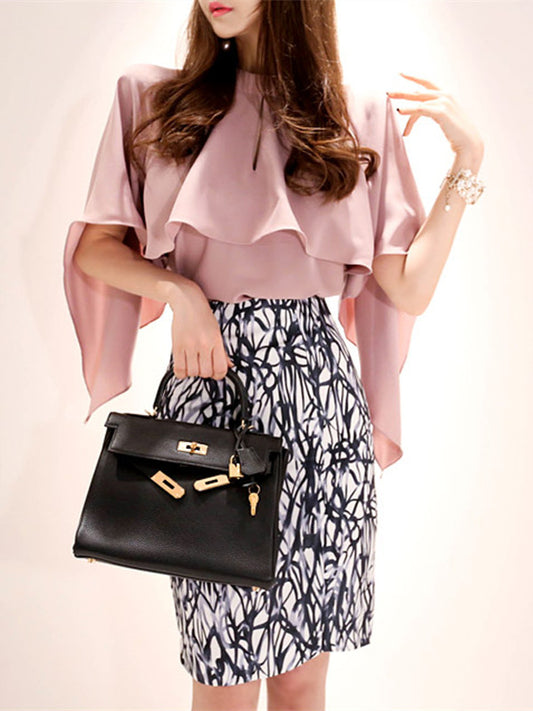 CM-SF073117 Women Elegant Seoul Style Wraps Blouse with Printing Slim Midi Skirt - Set