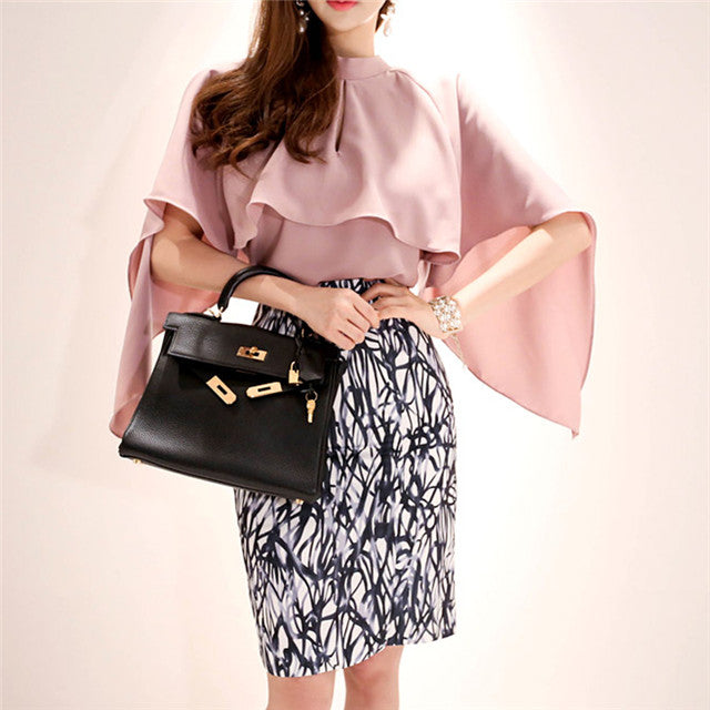 CM-SF073117 Women Elegant Seoul Style Wraps Blouse with Printing Slim Midi Skirt - Set