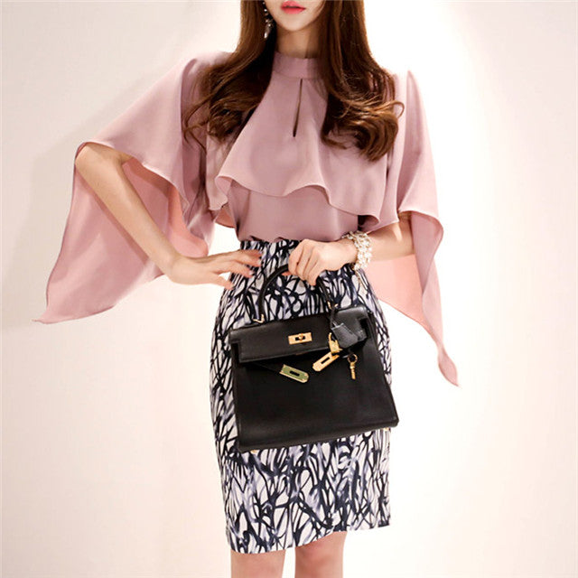 CM-SF073117 Women Elegant Seoul Style Wraps Blouse with Printing Slim Midi Skirt - Set