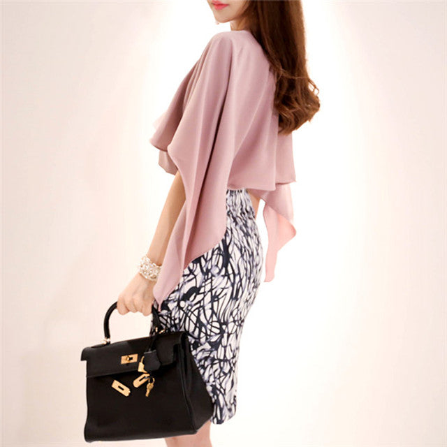 CM-SF073117 Women Elegant Seoul Style Wraps Blouse with Printing Slim Midi Skirt - Set