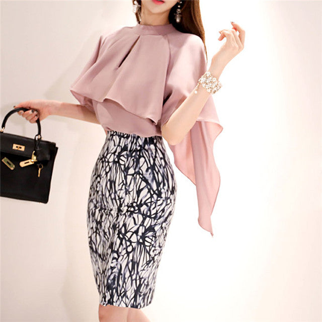 CM-SF073117 Women Elegant Seoul Style Wraps Blouse with Printing Slim Midi Skirt - Set