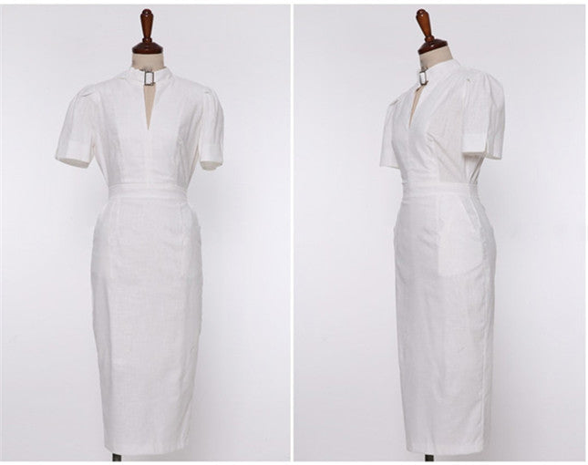 CM-DF073118 Women Elegant European Style Stand V-Neck Fitted Waist Short Sleeve Dress
