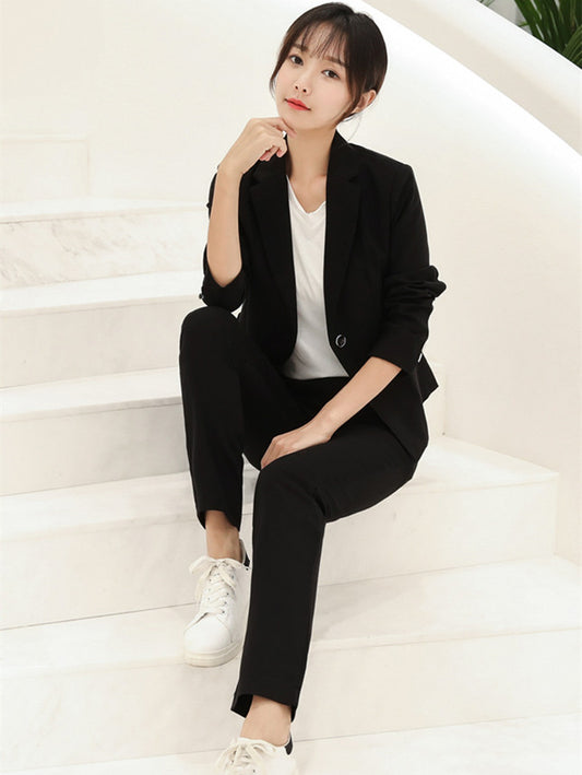 CM-SF080123 Women Seoul Style Black One Button Tailored Collar Leisure Suits - Set