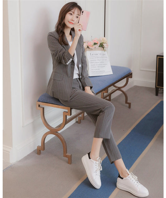 CM-SF080124 Women Elegant European Style Tailored Collar Stripes Leisure Suits - Set